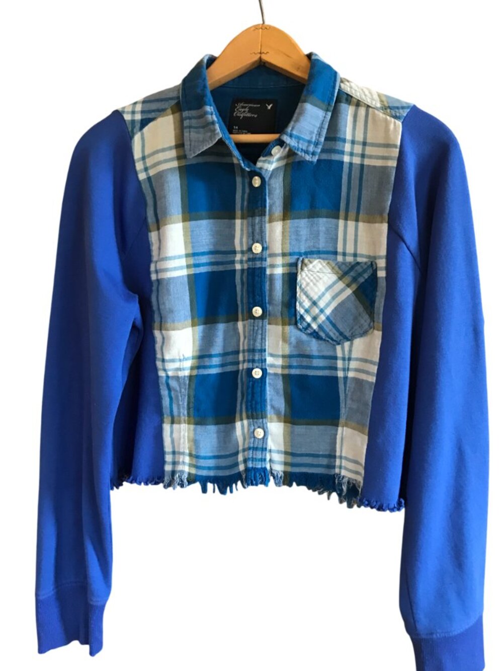 Cropped Plaid Shirt Blue Sweatshirt Jacket, Upcycled Grunge Style Size S-M